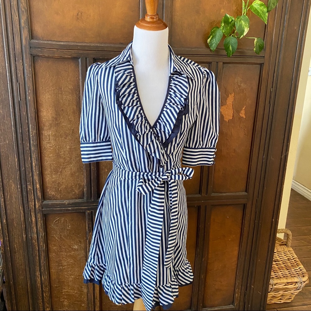 Navy blue and white stripe ruffle wrap dress small